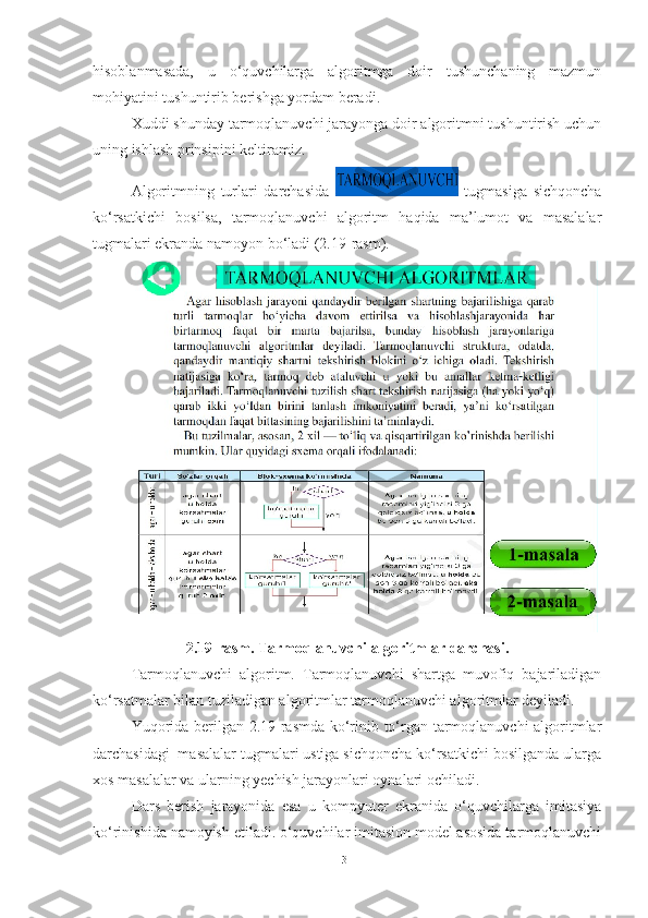 hisoblanmasada,   u   o‘quvchilarga   algoritmga   doir   tushunchaning   mazmun
mohiyatini tushuntirib berishga yordam beradi.
Xuddi shunday tarmoqlanuvchi jarayonga doir algoritmni tushuntirish uchun
uning ishlash prinsipini keltiramiz.
Algoritmning   turlari   darchasida     tugmasiga   sichqoncha
ko‘rsatkichi   bosilsa,   tarmoqlanuvchi   algoritm   haqida   ma’lumot   va   masalalar
tugmalari ekranda namoyon bo‘ladi (2.19-rasm).  
2.19-rasm. Tarmoqlanuvchi algoritmlar darchasi.
Tarmoqlanuvchi   algoritm.   Tarmoqlanuvchi   shartga   muvofiq   bajariladigan
ko‘rsatmalar bilan tuziladigan algoritmlar tarmoqlanuvchi algoritmlar deyiladi.
Yuqorida berilgan 2.19-rasmda ko‘rinib to‘rgan tarmoqlanuvchi algoritmlar
darchasidagi  masalalar tugmalari ustiga sichqoncha ko‘rsatkichi bosilganda ularga
xos masalalar va ularning yechish jarayonlari oynalari ochiladi.
Dars   berish   jarayonida   esa   u   kompyuter   ekranida   o‘quvchilarga   imitasiya
ko‘rinishida namoyish etiladi. o‘quvchilar imitasion model asosida tarmoqlanuvchi
31 
