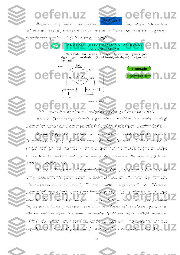 Algoritmning   turlari   darchasida     tugmasiga   sichqoncha
ko‘rsatkichi   bosilsa,   aralash   algoritm   haqida   ma’lumot   va   masalalar   tugmalari
ekranda namoyon bo‘ladi (2.21-rasmga qarang).
2.21-rasm. Aralash (kombinasiyalashgan) algoritmlar darchasi.
Aralash   (konbinasiyalashgan)   algoritmlar.   Tarkibida   bir   necha   turdagi
algoritmlar qatnashgan algoritmga aralash (kombinasiyalashgan) algoritm deyiladi.
Xuddi   yuqoridagi   algoritmlar   mavzularini   tushuntirgandek   aralash
(kombinasiyalashgan)   algoritmlar   mavzusini   ham   ko‘ramiz.   Oldingi   mavzular
singari   berilgan   2.21-rasmda   ko‘rinib   to‘rgan   har   bir   masala   tugmalari   ustiga
sichqoncha   ko‘rsatkichi   bosilganda   ularga   xos   masalalar   va   ularning   yechish
jarayonlari oynalari ochiladi.
Xulosa   qilib   aytganda   “Algoritmlash   asoslari”,   “Algoritm   tushunchasi   va
uning   xossalari”,   “Algoritm   turlari   va   tasvirlash   usullari”,   “Chiziqli   algoritmlar”,
“Tarmoqlanuvchi   algoritmlar”,   “Takrorlanuvchi   algoritmlar”   va   “Aralash
algoritmlar”   mavzularni   kompyuter   imitatsion   modellar     yordamida   talabalarga
etkazish   ularni   mazmun,   mohiyatini   ochib   berishda   katta   imkoniyat   yaratadi.
Tajribadan ma’lumki, inson eshitish a’zolariga nisbatan ko‘rish a’zolari yordamida
olingan   ma’lumotlarni   bir   necha   marotaba   kuchliroq   eslab   qolishi   mumkin.
Eshitish   a’zolaridan   farqli   ravishda,   ko‘rish   a’zolaridan   olinayotgan   ma’lumotlar
qayta kodlashtirilmay, to‘g‘ridan-to‘g‘ri xotiraga o‘tadi va uzoq saqlanadi [18].
33 