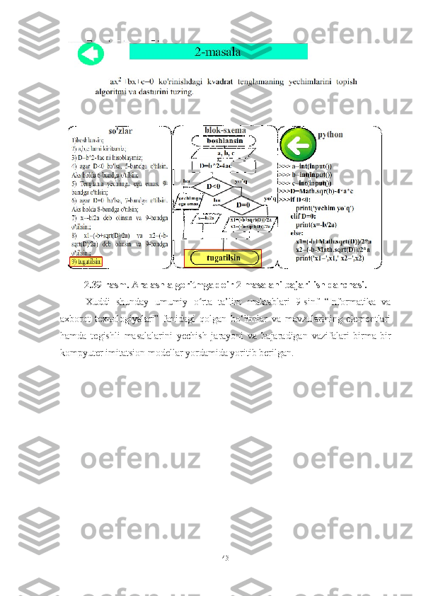 2.39-rasm. Aralash algoritmga doir 2-masalani bajarilish darchasi.
Xuddi   shunday   umumiy   o rta   ta’lim   maktablari   9-sinf   “Informatika   vaʻ
axborot   texnologiyalari”   fanidagi   qolgan   bo‘limlar   va   mavzularining   elementlari
hamda   tegishli   masalalarini   yechish   jarayoni   va   bajaradigan   vazifalari   birma-bir
kompyuter imitatsion modellar yordamida yoritib berilgan.
43 