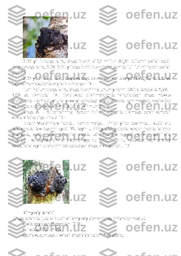 2022   yil   holatiga   ko'ra,   chaga   bozori   912,3   million   AQSh   dollarini   tashkil   etadi.
Prognozlarga ko'ra, 2028–2030 yillarga borib bozor hajmi kamida 1,1–1,4 milliardni tashkil
etadi[ 18 ].
2023 yil holatiga ko'ra, chaga va unga asoslangan xun takviyeleri AQSh, Kanada va
Evropa mamlakatlarida eng ko'p to'plangan[18].
Turli ma'lumotlarga ko'ra, chaga bozorining umumiy hajmi CAGR darajasida 6,9% -
7,4%   ga   o'smoqda   [18].   Oziq-ovqat   qo'shimchalarida   ishlatiladigan   chaga   maxsus
sharoitlarda  o'stiriladi,   chunki   yovvoyi   tabiatdagi   qo'ziqorinlarda   og'ir   metallar,  pestitsidlar
va boshqa potentsial xavfli moddalar bo'lishi mumkin[19].
Chaga   A.   I.   Soljenitsinning   "Saraton   bo'limi"   romanida   o'simtaga   qarshi   samarali
vosita sifatida tilga olinadi[12]:
Doktor   Maslennikov   haqida...   bemor   menga...   o‘nlab   yillar   davomida...   xuddi   shu
kasalxonada   davolaganini   aytdi.   Va   keyin   u   tibbiy   adabiyotlarda   saraton   haqida   ko'proq
yozilsa-da,   saraton   kasal   dehqonlar   orasida   uchramasligini   payqadi.   <...>   U   kashf   qila
boshladi...   va   quyidagilarni   aniqladi:   choyga   pul   tejab,   butun   bu   hududdagi   odamlar   choy
emas, balki qayin qo'ziqorini deb ataladigan chaga pishirganlar ...[12]
Kimyoviy tarkibi
  C haga tarkibida juda ko'p turli xil kimyoviy elementlar va birikmalar mavjud:
suvda eriydigan pigmentlar - 20%;
polisakkaridlar - 6-8%;
agarik va gumusga o'xshash chagik kislotalar - 60% gacha; 