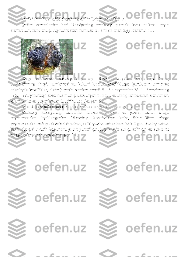 Tonik ichimlik sifatida chaganing zaif infuzioni ishlatiladi[7].
Qadim   zamonlardan   beri   Rossiyaning   markaziy   qismida   kvas   nafaqat   qayin
sharbatidan, balki chaga qaynatmasidan ham asal qo'shilishi bilan tayyorlanardi[10].
Chaga   shifobaxsh   xususiyatlarga   ega.   Sovet   tadqiqotlari   natijalariga   ko'ra,
qo'ziqorinning   choyi,   damlamasi   va   kukuni   ko'plab   kasalliklarga   (yurak-qon   tomir   va
onkologik   kasalliklar,   diabet)   qarshi   yordam   beradi[8].   Bu   bayonotlar   M.   P.   Berezinaning
1950-1970 yillardagi sovet nashrlariga asoslangan bo'lib, u va uning hamkasblari sichqonlar,
kalamushlar va quyonlar ustida tajribalar o'tkazgan[9].
Chor Rossiyasida chagani alohida-alohida o'rganish o'tkazilgan[ 9 ].
Markaziy   Rossiyadagi   dehqonlar   dorivor   hammom   va   yuvish   uchun   chaga
qaynatmasidan   foydalanganlar.   18-asrdagi   kuzatishlarga   ko'ra,   Sibir   Xanti   chaga
qaynatmasidan nafaqat davolanish uchun, balki yuvish uchun ham ishlatilgan. Buning uchun
Xanti   chagasi   qizarib   ketguncha   yoqib   yuborilgan,   keyin   issiq   suvga   solingan   va   suv   qora
rangga aylanguncha aralashtirilgan[10]. 