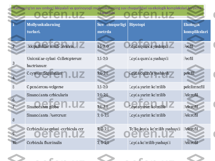 Kattaqo’rg’on suv ombori ikkipalali va qorinoyoqli mollyuskalarning suv chuqurliklari va ekologik komplekslari bo’yicha 
tarqalishi
1 M o llyuskalarning 
turlari. Suv  chuqurligi 
metrda Biyotopi Ekologik 
komplikslari 
2 Ikkipallalilar sinifi-Bivalvia  1,5-2, 0 Loyda qumda yashaydi  Peofil 
3 Unionidae oylasi -Colletopterum 
bactrianum  1,5-2,0 Loyda qumda yashaydi  Peofil 
4 C.cyreum Sogdianum 2,0-2,5 Loyda oqimda yashaydi  pelofil
5 C.ponderosu-volgerse  1,5-2,0 Loyda yarim ko‘milib  pelolimnofil
6 Sinanodanta orbicularis  2,0-2,5 Loyda yarim ko‘milib  Pelorofil 
7 Sinanodanta gibba  2,5-3,5 Loyda yarim ko‘milib  Pelorofil 
8 Sinanodanta Puerorum 2, 0-2,5 Loyda yarim ko‘milib  Pelorofil 
9 Corbiculidae oylasi -corbicula cor  2, 0-2,5 To‘liq  loyda  ko‘milib yashaydi  Pelorofil 
10 Corbicula fluminalis  2, 0-2,5 Loyda ko‘milib yashaydi  Pelorofil   
