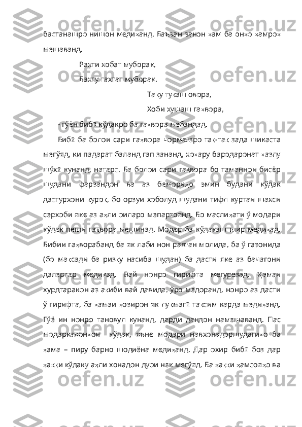 бастанашро   нишон   меди ҳ анд .   Баъзан   занон   ҳ ам   ба   он ҳ о   ҳ амро ҳ
м ешаванд.
Рахти хобат муборак,
  Бахту тахтат муборак.
                                               Та қ у   ту қ аш   овора ,
                                               Хоби хушаш га ҳ вора ,
- гўён биб ӣ   кўдакро   ба   га ҳ вора   мебандад .
Биб ӣ   ба   болои   сари   га ҳ вора   ч орма ғ зро   та қ - та қ   зада   шикаста
мегўяд ,  ки   падарат   баланд   гап   зананд ,  хо ҳ ару   бародаронат   ҳ азлу
шўх ӣ   кунанд ,   натарс .   Ба   болои   сари   га ҳ вора   бо   таманнои   бисёр
шудани   фарзандон   ва   аз   бемори ҳ о   эмин   будани   кўдак
дастурхони   қ уро қ ,   бо   орзуи   хоболуд   шудани   тифл   курта и   шахси
серхоби яке аз а ҳ ли   оиларо   мепартоянд .   Бо   масли ҳ ати   ў   модари
кўдак   пеши   га ҳ вора   мешинад .   Модар   ба   кўдакаш   шир   меди ҳ ад .
Бибии   га ҳ ворабанд   ба   як   лаби   нон   рав ғ ан   молида ,  ба   ў   газонида
( бо   ма қ сади   ба   риз қ у   насиба   шудан )   ба   дасти   яке   аз   бачагони
далерта р   меди ҳ ад .   Вай   нонро   гирифта   мегурезад .   Ҳ амаи
хурдтаракон   аз   а қ иби   вай   давида ,   ўро   медоранд ,   нонро   аз   дасти
ў   гирифта ,   ба   ҳ амаи   ҳ озирон   як   лу қ маг ӣ   та қ сим   карда   меди ҳ анд .
Гўё   ин   нонро   тановул   кунанд ,   дарди   дандон   намешаванд .   Пас
модаркалон ҳ ои     кўдак ,   яъне   м одари   навхонадоршудаги ҳ о   ба
ҳ ама   –   пиру   барно   шодиёна   меди ҳ анд .   Дар   охир   биб ӣ   боз   дар
ҳ а ққ и   кўдаку   а ҳ ли   хонадон   дуои   нек   мегўяд .  Ба   ҳ а ққ и   ҳ амсоя ҳ о   ва 