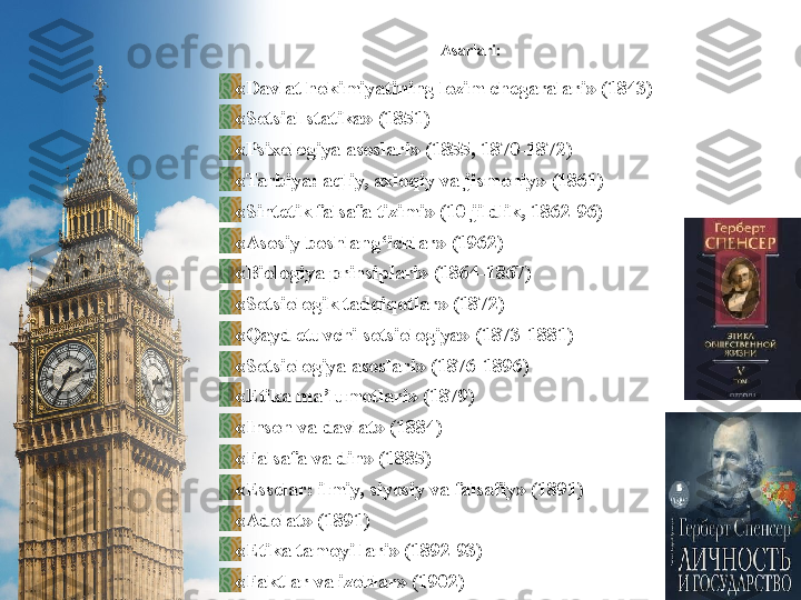 Asarlari: 
«Davlat  h okimiyatining lozim chegaralari» (1843) 
«Sotsial statika» (1851) 
«Psixologiya asoslari» (1855, 1870-1872) 
«Tarbiya: a q liy, axlo q iy va jis m oniy» (1861) 
«Si ntetik falsafa tizimi » ( 10 jildlik,  1862-96) 
«Asosiy boshlan g‘ ichlar» (1962)
«Biologiya prinsiplari» (1864-1867)
«Sotsiologi k tadqiqotlar » ( 1872 )
« Qayd etuvchi  sotsiologiya» ( 1873-1881 ) 
«Sotsiologiya asoslari» (1876-1896)
« Etika ma’lumotlari » (1879) 
« Inson va davlat » (1884) 
«Falsafa va din» (1885) 
«Esse lar :  ilmiy, siyosiy va falsafiy » (1891) 
« Adolat » (1891) 
« Etika tamoyillari » ( 1892-93 ) 
«Fakt lar va izohlar » (1902) 