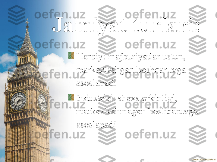 Jamiyat turlari: 
Harbiy: majburiyatlar ustun, 
markazlashgan boshqaruvga 
asoslanadi
Industrial: shaxs erkinligi,  
markazlashmagan boshqaruvga 
asoslanadi  