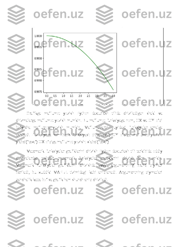 Grafikga   ma’lumot   yozish   Python   dasturlash   tilida   chiziladigan   shakl   va
chizmalarga ma’lumot yozish mumkin. Bu ma’lumot funksiyaga nom, OX va OY o‘qi
bo‘yicha   ma’lumot   yozish   mumkin.   Ma’lumotlarni   quyidagi   funksiyalar   amalga
oshiradi.   Funksiyaga   nom   beris   funksiyasi:   title(‘text’)   OY   o‘qiga   ma’lumot   yozish:
ylabel(‘text’) OX o‘qiga ma’lumot yozish: xlabel(‘text’)
Matematik   funksiyalar   grafiklarini   chizish   Python   dasturlash   tili   tarkibida   oddiy
chizmalardan   tashqari   matematik   funksiyalar   grafiklarini   chizish   ham   mumkin.
Matematik   funksiyalar   grafiklarini   chizishda   avval,   argumentning   oraliq   qiymati
beriladi,   bu   xuddiki   MAPLE   tizimidagi   kabi   aniqlanadi.   Argumentning   qiymatlari
qanchalik katta bo‘lsa grafik ham shunch aniq chiziladi. 