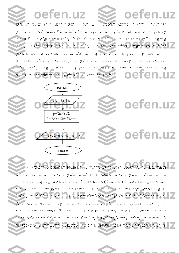 amallar   bajarilishini   ta’minlaydi.   -   Strelka   -   amallar   ketma-ketligining   bajarilish
yo‘nalishini ko‘rsatadi. Yuqorida ko‘rilgan algoritmlarning tasvirlash usullarining asosiy
maqsadi - qo‘yilgan masalani yechish uchun zarur bo‘lgan amallar ketmaketligining eng
qulay   holatini   aniqlash   va   shu   bilan   foydalanuvchi   tomonidan   programma   yozishni
yanada   osonlashtirishdan   iborat.   Aslida   programma   ham   algoritmning   boshqa   bir
ko‘rinishi   bo‘lib,   u   insonning   kompyuter   bilan   muloqotini   qulayroq   amalga   oshirish
uchun   mo‘ljallangan.   Misol.   Teng   yonli   uchburchakning   tomonlari   berilganda   uning
yuzi va perimetrini topish algoritm blok-sxemasini yozing
Algoritmning xossalari Masala yoki mummoni hal etish jarayoni uchun keltirilgan
algoritmlar ma’lum bir xususiyatlarga bo‘ysinish kerak. Bu xususiyatlarni e’tiborga olib
algoritmlar   quyidagi   xossalarga   ega.   1.Diskretlilik   (Cheklilik).   Bu   xossaning   mazmuni
algoritmlarni doimo chekli qadamlardan iborat qilib bo‘laklash imkoniyati mavjudligida.
Ya’ni, uni chekli  sondagi oddiy ko‘rsatmalar  ketma-ketligi shaklida ifodalash mumkin.
Agar   kuzatilayotgan   jarayonni   chekli   qadamlardan   iborat   qilib   qo‘llay   olmasak,   uni
algoritm deb bo‘lmaydi. 2.Tushunarlilik. Biz kundalik hayotimizda berilgan algoritmlar
bilan ishlayotgan elektron soatlar, mashinalar, dastgohlar, kompyuterlar, turli avtomatik
va   mexanik   qurilmalarni   kuzatamiz.   Ijrochiga   tavsiya   etilayotgan   ko‘rsatmalar,   uning 