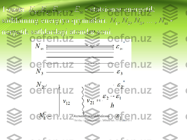 1-rasm.  E
1 ,  E
2 ,  E
3 , .. ,  E
∞  - statsionar energetik 
sathlarning energiya qiymatlari.  N
1 ,  N
2 ,  N
3 , ... ,  N
∞  - 
nergetik sathlardagi atomlar soni. 