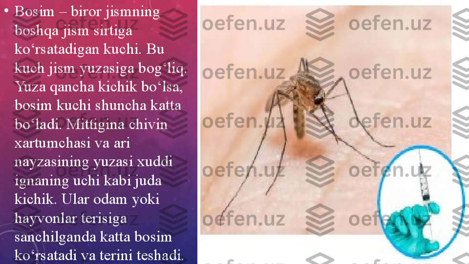 •
Bosim – biror jismning 
boshqa jism sirtiga 
ko‘rsatadigan kuchi. Bu 
kuch jism yuzasiga bog‘liq. 
Yuza qancha kichik bo‘lsa, 
bosim kuchi shuncha katta 
bo‘ladi. Mittigina chivin 
xartumchasi va ari 
nayzasining yuzasi xuddi 
ignaning uchi kabi juda 
kichik. Ular odam yoki 
hayvonlar terisiga 
sanchilganda katta bosim 
ko‘rsatadi va terini teshadi. 