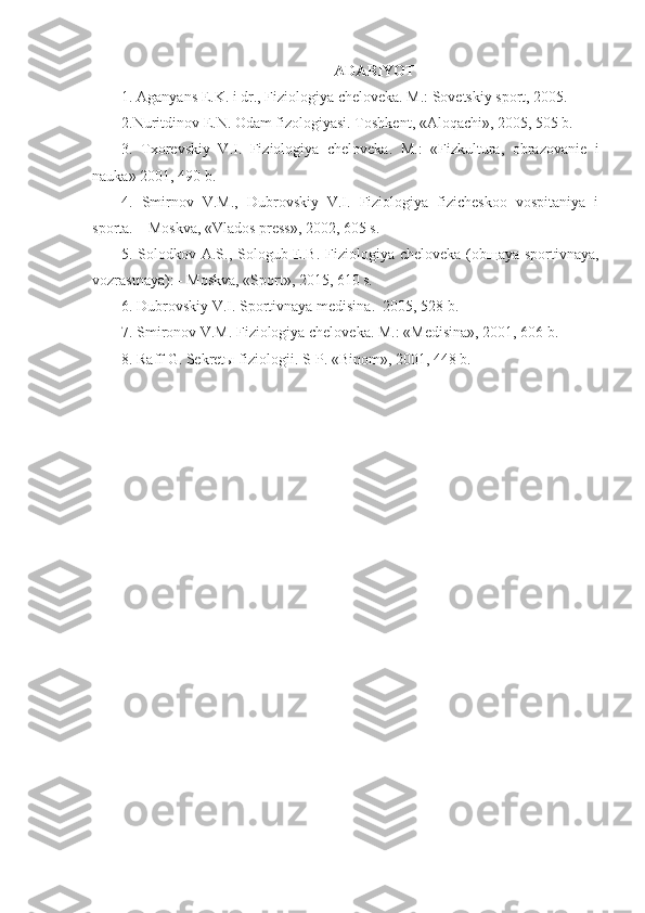 ADABIYOT
1. Aganyans E.K. i dr., Fiziologiya cheloveka. M.: Sovetskiy sport, 2005.
2.Nuritdinov E.N. Odam fizologiyasi. Toshkent, «Aloqachi», 2005, 505 b.
3.   Txorevskiy   V.I.   Fiziologiya   cheloveka.   M.:   «Fizkultura,   obrazovanie   i
nauka» 2001, 490 b.
4.   Smirnov   V.M.,   Dubrovskiy   V.I.   Fiziologiya   fizicheskoo   vospitaniya   i
sporta. – Moskva, «Vlados press», 2002, 605 s.
5. Solodkov A.S., Sologub E.B. Fiziologiya cheloveka (ob щ aya sportivnaya,
vozrastnaya): - Moskva, «Sport», 2015, 610 s.
6. Dubrovskiy V.I. Sportivnaya medisina.  2005, 528 b.
7. Smironov V.M. Fiziologiya cheloveka. M.: «Medisina», 2001, 606 b.
8. Raff G. Sekret ы  fiziologii. S-P. «Binom», 2001, 448 b. 