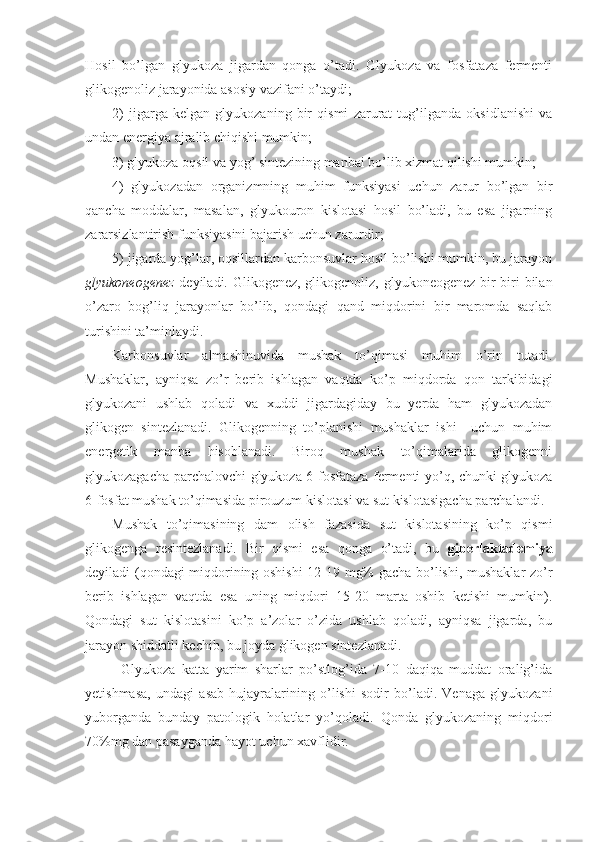 Hosil   bo’lgan   glyukoza   jigardan   qonga   o’tadi.   Glyukoza   va   fosfataza   fermenti
glikogenoliz jarayonida asosiy vazifani o’taydi;
2)   jigarga   kelgan   glyukozaning   bir   qismi   zarurat   tug’ilganda   oksidlanishi   va
undan energiya ajralib chiqishi mumkin;
3) glyukoza oqsil va yog’ sintezining manbai bo’lib xizmat qilishi mumkin;
4)   glyukozadan   organizmning   muhim   funksiyasi   uchun   zarur   bo’lgan   bir
qancha   moddalar,   masalan,   glyukouron   kislotasi   hosil   bo’ladi,   bu   esa   jigarning
zararsizlantirish funksiyasini bajarish uchun zarurdir;
5) jigarda yog’lar, oqsillardan karbonsuvlar hosil bo’lishi mumkin, bu jarayon
glyukoneogenez   deyiladi. Glikogenez, glikogenoliz, glyukoneogenez bir-biri  bilan
o’zaro   bog’liq   jarayonlar   bo’lib,   qondagi   qand   miqdorini   bir   maromda   saqlab
turishini ta’minlaydi. 
Karbonsuvlar   almashinuvida   mushak   to’qimasi   muhim   o’rin   tutadi.
Mushaklar,   ayniqsa   zo’r   berib   ishlagan   vaqtda   ko’p   miqdorda   qon   tarkibidagi
glyukozani   ushlab   qoladi   va   xuddi   jigardagiday   bu   yerda   ham   glyukozadan
glikogen   sintezlanadi.   Glikogenning   to’planishi   mushaklar   ishi     uchun   muhim
energetik   manba   hisoblanadi.   Biroq   mushak   to’qimalarida   glikogenni
glyukozagacha parchalovchi glyukoza 6-fosfataza fermenti yo’q, chunki glyukoza
6-fosfat mushak to’qimasida pirouzum kislotasi va sut kislotasigacha parchalandi.
Mushak   to’qimasining   dam   olish   fazasida   sut   kislotasining   ko’p   qismi
glikogenga   resintezlanadi.   Bir   qismi   esa   qonga   o’tadi,   bu   giperlaktademiya
deyiladi (qondagi miqdorining oshishi  12-19 mg% gacha bo’lishi, mushaklar zo’r
berib   ishlagan   vaqtda   esa   uning   miqdori   15-20   marta   oshib   ketishi   mumkin).
Qondagi   sut   kislotasini   ko’p   a’zolar   o’zida   ushlab   qoladi,   ayniqsa   jigarda,   bu
jarayon shiddatli kechib, bu joyda glikogen sintezlanadi.
Glyukoza   katta   yarim   sharlar   po’stlog’ida   7-10   daqiqa   muddat   oralig’ida
yetishmasa,   undagi   asab   hujayralarining   o’lishi   sodir   bo’ladi.   Venaga   glyukozani
yuborganda   bunday   patologik   holatlar   yo’qoladi.   Qonda   glyukozaning   miqdori
70%mg dan pasayganda hayot uchun xavflidir.  