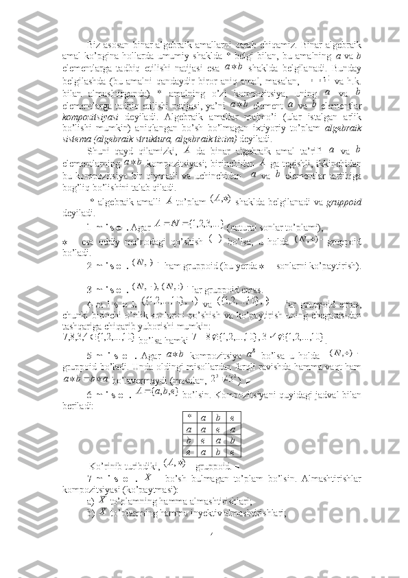 Biz   asosan   binar   algebraik   amallarni   qarab   chiqamiz.   Binar   algebraik
amal   ko’pgina   hollarda   umumiy   shaklda   *   belgi   bilan,   bu   amalning   a   va   b
elementlarga   tadbiq   etilishi   natijasi   esa     shaklda   belgilanadi.   Bunday
belgilashda   (bu   amalni   qandaydir   biror   aniq   amal,   masalan,     va   h.k.
bilan   almashtirganda)   *   amalning   o’zi   kompozitsiya,   uning     va  
elementlarga   tadbiq   etilishi   natijasi,   ya’ni     element     va     elementlar
kompozitsiyasi   deyiladi.   Algebraik   amallar   majmo’i   (ular   istalgan   arlik
bo’lishi   mumkin)   aniqlangan   bo’sh   bo’lmagan   ixtiyoriy   to’plam   algebraik
sistema (algebraik struktura, algebraik tizim)  deyiladi. 
  Shuni   qayd   qilamizki,     da   binar   algebraik   amal   ta’rifi     va  
elementlarning     kompozitsiyasi;  birinchidan     ga tegishli, ikkinchidan
bu   kompozitsiya   bir   qiymatli   va   uchinchidan       va     elementlar   tartibiga
bog’liq bo’lishini talab qiladi. 
  * algebraik amalli     to’plam     shaklda belgilanadi  va   gruppoid
deyiladi.   
1-m i s o l.  Agar   (natural sonlar to’plami),   
   –   esa   oddiy   ma’nodagi   qo’shish     bo’lsa,   u   holda   gruppoid
bo’ladi. ■
2-m i s o l.   ham gruppoid (bu yerda    –  sonlarni ko’paytirish).
■
3-m i s o l.  lar gruppoid emas. ■
4-m   i   s   o   l.     va     --   lar   gruppoid   emas,
chunki  birinchi  o’nlik sonlarini  qo’shish  va ko’paytirish uning chegarasidan
tashqariga chiqarib yuborishi mumkin:
 bo’lsa hamki  . ■
5-m   i   s   o   l.   Agar     kompozitsiya     bo’lsa   u   holda    
gruppoid bo’ladi. Unda oldingi misollardan farqli ravishda hamma vaqt ham
 bo’lavermaydi (masalan,  ). ■
6-m i s o l.     bo’lsin. Kompozitsiyani quyidagi jadval bilan
beriladi: 
* a b e
a a e a
b e a b
e a b e
  Ko’rinib turibdiki,   - gruppoid. ■
7-m   i   s   o   l.     bo’sh   bulmagan   to’plam   bo’lsin.   Almashtirishlar
kompozitsiyasi (ko’paytmasi): 
a)   to’plamning hamma almashtirishlari;
b)   to’plamning hamma inyektiv almashtirishlari;b	a	
:,,	,				
а	b	
b	a	а	b	
A	а	b	
b	a	A	
а	b	
A ),( A	
,...}3,2,1{		N	A
)( 	
	)	,	(N	
	),	(N	
		:),	(	),	,	(	N	N	
)	},	10	,...,2,1({		)	},	10	,...,2,1({		
}	10	,...,2,1{	4,3,8,7		}	10	,...,2,1{	4	3	},	10	,...,2,1{	8	7					
b	a	b
a		)	,	(N
abba 	
2	3	3	2	
},,{ ebaA 
),( A	
	X	
X
X
4 