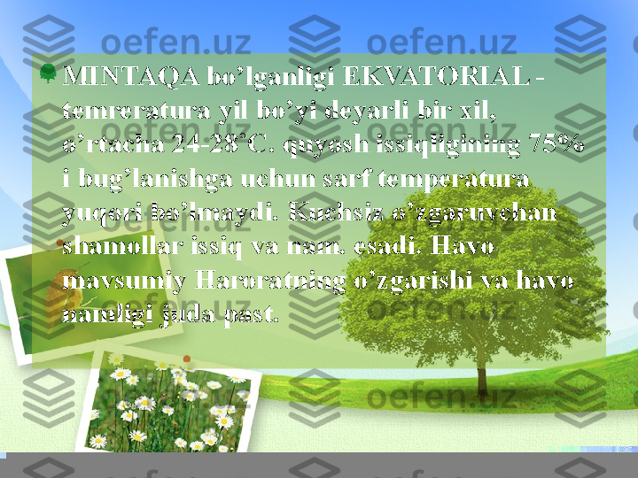 MINTAQA bo’lganligi EKVATORIAL - 
temreratura yil bo’yi deyarli bir xil, 
o’rtacha 24-28˚C. quyosh issiqligining 75% 
i bug’lanishga uchun sarf temperatura 
yuqori bo’lmaydi. Kuchsiz o’zgaruvchan 
shamollar issiq va nam. esadi. Havo 
mavsumiy Haroratning o’zgarishi va havo 
namligi juda past.  