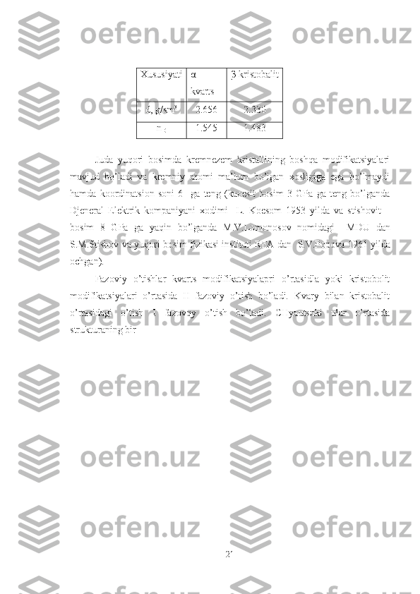 Xususiyati α-
kvarts β-kristobalit
d,  g/sm 3
2.656 2.330
n
D 1.545 1.483
Juda   yuqori   bosimda   kremnezem   kristallining   boshqa   modifikatsiyalari
mavjud   bo’ladi   va   kremniy   atomi   ma’lum   bo’lgan   xosligiga   ega   bo’lmaydi
hamda   koordinatsion   soni   6     ga   teng   (kaoesit   bosim   3   GPa   ga   teng   bo’lganda
Djeneral   Elektrik   kompaniyani   xodimi     L.   Koesom   1953   yilda   va   stishovit   –
bosim   8   GPa   ga   yaqin   bo’lganda   M.V.Lomonosov   nomidagi     M D U   dan
S.M.Stishov  va yuqori bosim fizikasi instituti RFA dan   S.V.Popov a  1961  yilda
ochgan).
Fazoviy   o’tishlar   kvarts   modifikatsiyalapri   o’rtasidla   yoki   kristobolit
modifikatsiyalari   o’rtasida   II   fazoviy   o’tish   bo’ladi.   Kvary   bilan   kristobalit
o’rtasidagi   o’tish   I   fazovqy   o’tish   bo’ladi.   CHyautsnki   ular   o’rtasida
strukturaning bir 
21 