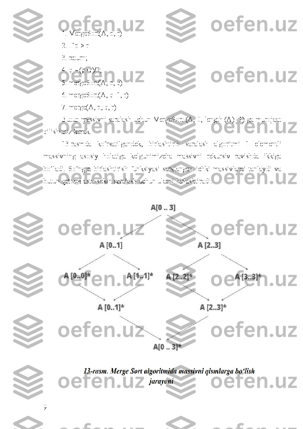 1. MergeSort(A, p, r) 
2. If p > r 
3. return; 
4. q = (p+r)/2; 
5. mergeSort(A, p, q) 
6. mergeSort(A, q+1, r) 
7. merge(A, p, q, r)
Butun massivni saralash uchun MergeSort (A, 0, length (A) -1) ga murojaat
qilishimiz kerak.
13-rasmda   ko rsatilgandek,   birlashtirib   saralash   algoritmi   1   elementliʻ
massivning   asosiy   holatiga   kelgunimizcha   massivni   rekursiv   ravishda   ikkiga
bo ladi.   So ngra   birlashtirish   funksiyasi   saralangan   ichki   massivlarni   tanlaydi   va	
ʻ ʻ
butun qatorni asta-sekin saralash uchun ularni birlashtiradi.
9 