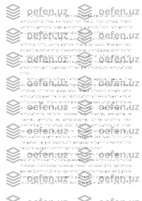 Shuningdek,   o‘simlik   va   hayvonlarga   xos   xususiyatlaridan   tash-qari,   faqat
zamburuqlarning   o‘ziga   xos   belgilari   ham   mavjud.   Bular   jumlasiga   mitselial
tuzilishini,   ayrimlarida   hujayra   yadrolarining   di-kariotik   holatini.   ko‘p   yaroqlilik
va ularning har xilliligini (gcterakarioz) ko‘rsatib o‘tsa bo‘ladi.
Zamburug‘laming   asosiy   strukturasi   gifa   hisoblanadi.   Gifalar   ipsimon
ko‘rinishda   bo‘lib,   ularning   yig‘indisi   mitseliy   deb   ataladi.   Mitseliylar   o‘zaro
chalkashib va zichlashishidan plektenxima (soxta to‘qima) yuzaga kelishi mumkin
va   ulardan   yuksak   zamburug‘larning   meva   tanasi   hosil   bo‘ladi.   sodda   tuzilgan
zamburug‘larning vegetativ tanasi bir xujyrali bo‘lishi mumkin. Zamburug‘larning
gifalari to‘siqli, ya'ni hujayralarga bo‘lingan yoki to‘siqsiz (tuban zamburug‘larda)
bo‘ladi.
Zamburug‘larning   ko‘payishi   xilma-xil   bo‘lib,   vegetativ,   jinssiz   va   jinsiy
usulllarga   bo‘linadi.   Vegetativ   ko‘payish   tallomning   tasodi-fiy   yoki   maxsus
bo‘laklarga   bo‘linishidan   yuzaga   keladi.   Maxsus   bo‘laklanib   ko‘payish   achitqi
zamburug‘larda yaxshi rivojlangan. Zamburug‘larning jinssiz ko‘payishi xilma-xil
bo‘lib, tuban vakil-larida zoosporalar yoki sporalar, yuksak tuzilgan vakiilarida esa
konidiyalar   hosil   bo‘lishi   bilan   amalga   oshadi.   Jinsiy   ko‘payish   ham
zamburug‘larning   rivojlanish   darajasiga   qarab   izogamiya,   geterogamiya   va
oogamiya.   ayrimlarida   esa   gametangiogamiya   Q'in-siy   a'zolarining   o‘zaro
qo‘shilishi)   yo‘li   bilan   amalga   oshadi.   Ko‘pchilik   zamburug‘larda   hosil   bo‘lgan
zigotadan   oospora,   xaltacha   spora   va   bazidiosporalar   vujudga   keladi.
Zamburug‘larning   ayrim   vakiilarida   pleomorfizm   xodisasi   kuzatilib,   bir   turning
o‘zi   yashash   joyi  yoki   parazitlik  qilib yashaydigan  xo‘jayinini  almashtirishi  bilan
rivojlanish stadiyasini ham birin-ketin almashtirishi mumkin.
Tarqalishi   jihatidan   zamburug‘lar   deyarli   hamma   muhitni   egal-lagan.   Tuban
vakillari ko‘proq suvli muhitlarda, yuksak vakillari esa ko‘proq quruqlik muhitiga
moslashgan.   Oziqlanadigan   substratiga   nisbatan   ular   parazit   (tirik   organizmlarda
yashovchi),  simbiont  (boshqa  organizmlar   bilan hamkorlikda  yashovchi), yirtqicb
(nematodlarni   o‘ldirib   oziqlanuvchi)   yoki   saprofit   (organik   qoldiqlar   bilan
oziqlanuvchi)   guruhlarga   bo‘linadi.   Saprofit   va   yirtqich   vakil-larining   ko‘pchiligi 