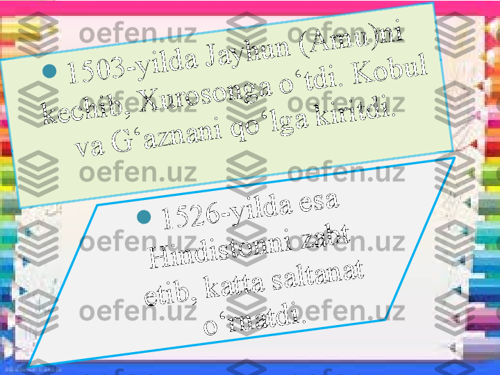 	1	5	0	3	-	y	i	l	d	a	 	J	a	y	h	u	n	 	(	A	m	u	)	n	i	 	
k	e	c	h	i	b	,	 	X	u	r	o	s	o	n	g	a	 	o	‘	t	d	i	.	 	K	o	b	u	l	 	
v	a	 	G	‘	a	z	n	a	n	i	 	q	o	‘	l	g	a	 	k	i	r	i	t	d	i	.	 	
	1	5	2	6	-	y	i	l	d	a	 	e	s	a	 	
H	i	n	d	i	s	t	o	n	n	i	 	z	a	b	t	 	
e	t	i	b	,	 	k	a	t	t	a	 	s	a	l	t	a	n	a	t	 	
o	‘	r	n	a	t	d	i	.	        