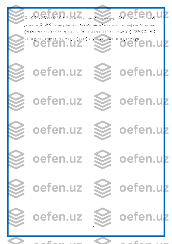 13CHAR   va   VARCHAR   ma'lumotlar   turlari   o'rtasidagi   farq   shundan   iboratki,
jadvalda  CHAR  tipidagi satrlarni saqlash uchun aniq o'lchovli baytlar ishlatiladi
(saqlangan   satrlarning   tarkibi   ancha   qisqaroq   bo'lishi   mumkin),   VARCHAR
tipidagi   satrlar   esa   ajratilmagan   (bo'sh)   baytlarda   jadvalda   saqlanmaydi. 