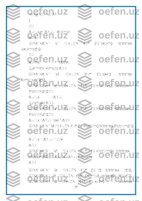 26money NOT   NULL
)
GO
ALTER   TABLE   Xodimlar
ADD
CONSTRAINT k1 FOREIGN KEY (id_lavozim) references
Lavozimlar(id)
GO
ALTER   TABLE
Qushimcha_xizmatlar ADD
CONSTRAINT k2 FOREIGN KEY (id_tavsif) references
Xizmat_tavsifi(id),
CONSTRAINT   k3   FOREIGN   KEY   (id_shartnoma)   references
Shartnoma(id)   GO
ALTER   TABLE
Qungiroqlar ADD
CONSTRAINT   k4   FOREIGN   KEY   (id_shartnoma)   references
Shartnoma(id)   GO
ALTER TABLE Tavsifi ADD
CONSTRAINT   k5   FOREIGN   KEY   (id_shartnoma)   references   Shartnoma(id)
GO
ALTER   TABLE   Tulov
ADD
CONSTRAINT   k6   FOREIGN   KEY   (id_shartnoma)   references
Shartnoma(id)   GO   ALTER   TABLE   Shartnoma
ADD
CONSTRAINT   k7   FOREIGN   KEY   (id_Tr)   references   Tr(id),
CONSTRAINT   k8   FOREIGN   KEY   (id_mijoz)   references   Mijoz(id),
CONSTRAINT k9 FOREIGN KEY (id_xodim) references 