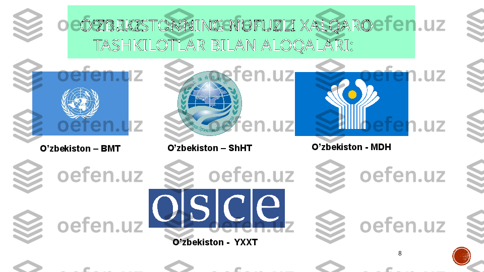 8O'ZBEKISTONNING   NUFUZLI   XALQARO   
TASHKILOTLAR   BILAN ALOQALARI:
O’zbekiston   –   BMT
O’zbekiston   -   YXXTO’zbekiston   –   ShHT O’zbekiston   -   MDH 