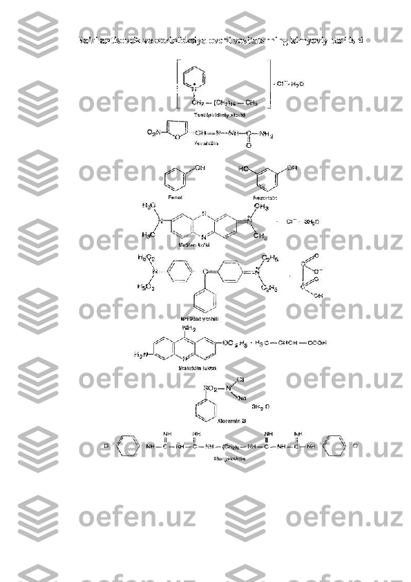 Ba'zi antiseptik va dezinfeksiyalovchi vositalarning kimyoviy tuzilishi 
 
 
 
 
  