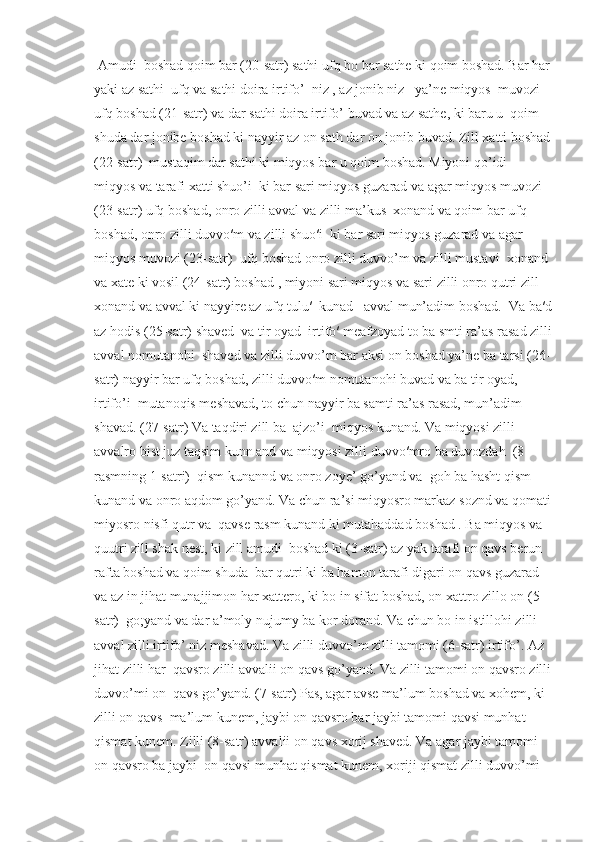  Amudi  boshad qoim bar (20-satr) sathi ufq bo bar sathe ki qoim boshad. Bar har
yaki az sathi  ufq va sathi doira irtifo’  niz , az jonib niz   ya’ne miqyos  muvozi 
ufq boshad (21-satr) va dar sathi doira irtifo’ buvad va az sathe, ki baru u  qoim 
shuda dar jonibe boshad ki nayyir az on sath dar on jonib buvad. Zill xatti boshad
(22-satr)  mustaqim dar sathi ki miqyos bar u qoim boshad. Miyoni qo’idi  
miqyos va tarafi xatti shuo’i  ki bar sari miqyos guzarad va agar miqyos muvozi 
(23-satr) ufq boshad, onro zilli avval va zilli ma’kus  xonand va qoim bar ufq 
boshad, onro zilli duvvo′m va zilli shuo′i  ki bar sari miqyos guzarad va agar 
miqyos muvozi (23-satr)  ufq boshad onro zilli duvvo’m va zilli mustavi  xonand 
va xate ki vosil (24-satr) boshad , miyoni sari miqyos va sari zilli onro qutri zill 
xonand va avval ki nayyire az ufq tulu′  kunad   avval mun’adim boshad.  Va ba′d
az hodis (25-satr) shaved  va tir oyad  irtifo′ meafzoyad to ba smti ra’as rasad zilli
avval nomutanohi  shaved va zilli duvvo’m bar aksi on boshad ya’ne ba tarsi (26-
satr) nayyir bar ufq boshad, zilli duvvo′m nomutanohi buvad va ba tir oyad, 
irtifo’i  mutanoqis meshavad, to chun nayyir ba samti ra’as rasad, mun’adim 
shavad. (27-satr) Va taqdiri zill ba  ajzo’i  miqyos kunand. Va miqyosi zilli 
avvalro bist juz taqsim kunn and va miqyosi zilli duvvo′mro ba duvozdah  (8-
rasmning 1-satri)  qism kunannd va onro zoye’ go’yand va  goh ba hasht qism 
kunand va onro aqdom go’yand. Va chun ra’si miqyosro markaz soznd va qomati
miyosro nisfi qutr va  qavse rasm kunand ki mutahaddad boshad . Ba miqyos va 
quutri zill shak nest, ki zill amudi  boshad ki (3-satr) az yak tarafi on qavs berun 
rafta boshad va qoim shuda  bar qutri ki ba hamon tarafi digari on qavs guzarad 
va az in jihat munajjimon har xattero, ki bo in sifat boshad, on xattro zillo on (5-
satr)  go;yand va dar a’moly nujumy ba kor dorand. Va chun bo in istillohi zilli 
avval zilli irtifo’ niz meshavad. Va zilli duvvo’m zilli tamomi (6-satr) irtifo’. Az 
jihat zilli har  qavsro zilli avvalii on qavs go’yand. Va zilli tamomi on qavsro zilli
duvvo’mi on  qavs go’yand. (7-satr) Pas, agar avse ma’lum boshad va xohem, ki 
zilli on qavs  ma’lum kunem, jaybi on qavsro bar jaybi tamomi qavsi munhat 
qismat kunem. Zilli (8-satr) avvalii on qavs xorij shaved. Va agar jaybi tamomi 
on qavsro ba jaybi  on qavsi munhat qismat kunem, xoriji qismat zilli duvvo’mi  