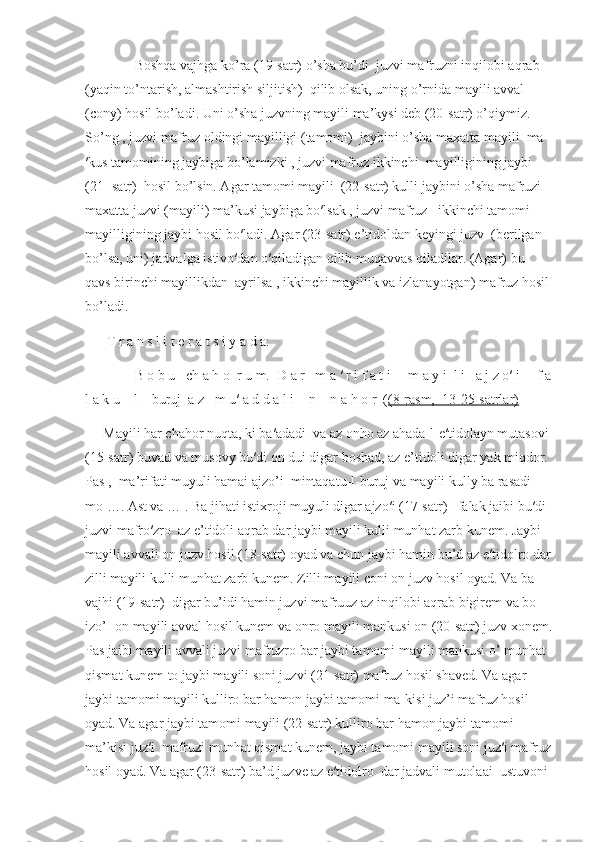          Boshqa vajhga ko’ra (19-satr) o’sha bu’di  juzvi mafruzni inqilobi aqrab 
(yaqin to’ntarish, almashtirish siljitish)  qilib olsak, uning o’rnida mayili avval 
(cony) hosil bo’ladi. Uni o’sha juzvning mayili ma’kysi deb (20-satr) o’qiymiz. 
So’ng , juzvi mafruz oldingi mayilligi (tamomi)  jaybini o’sha maxatta mayili  ma
′kus tamomining jaybiga bo’lamizki , juzvi mafruz ikkinchi  mayilligining jaybi 
(21- satr)  hosil bo’lsin. Agar tamomi mayili  (22-satr) kulli jaybini o’sha mafruzi 
maxatta juzvi (mayili) ma’kusi jaybiga bo′lsak , juzvi mafruz   ikkinchi tamomi 
mayilligining jaybi hosil bo′ladi. Agar (23-satr) e’tidoldan keyingi juzv  (berilgan 
bo’lsa, uni) jadvalga istivo′dan o′qiladigan qilib muqavvas qiladilar. (Agar) bu 
qavs birinchi mayillikdan  ayrilsa , ikkinchi mayillik va izlanayotgan) mafruz hosil
bo’ladi.
 T r a n s l i t e r a t s i y a d a:
         B o b u   ch a h o  r u m.  D a r   m a ′ r i f a t i     m a y i  l i   a j z o′ i     f a
l a k u – l – buruj  a z   m u′ a d d a l i  - n – n a h o r  ( (8-rasm,  13-25-satrlar)
Mayili har chahor nuqta, ki ba′adadi  va az onho az ahada-l-e′tidolayn mutasovi 
(15-satr) buvad va musovy bu′di on dui digar boshad, az e’tidoli digar yak miqdor. 
Pas ,  ma’rifati muyuli hamai ajzo’i  mintaqatu-l-buruj va mayili kully ba rasadi 
mo …. Ast va … . Ba jihati istixroji muyuli digar ajzo′i (17-satr)   falak jaibi bu′di 
juzvi mafro′zro  az e’tidoli aqrab dar jaybi mayili kulli munhat zarb kunem. Jaybi 
mayili avvali on juzv hosil (18-satr) oyad va chun jaybi hamin bu’d az e′tidolro dar
zilli mayili kulli munhat zarb kunem. Zilli mayili coni on juzv hosil oyad. Va ba 
vajhi (19-satr)  digar bu’idi hamin juzvi mafruuz az inqilobi aqrab bigirem va bo 
izo’I on mayili avval hosil kunem va onro mayili mankusi on (20-satr) juzv xonem.
Pas jaibi mayili avvali juzvi mafruzro bar jaybi tamomi mayili mankusi o’ munhat 
qismat kunem to jaybi mayili soni juzvi (21-satr) mafruz hosil shaved. Va agar 
jaybi tamomi mayili kulliro bar hamon jaybi tamomi ma]kisi juz’i mafruz hosil 
oyad. Va agar jaybi tamomi mayili (22-satr) kulliro bar hamon jaybi tamomi 
ma’kisi juz′i  mafruzi munhat qismat kunem, jaybi tamomi mayili soni juz′i mafruz
hosil oyad. Va agar (23-satr) ba’d juzve az e′tidolro  dar jadvali mutolaai  ustuvoni  