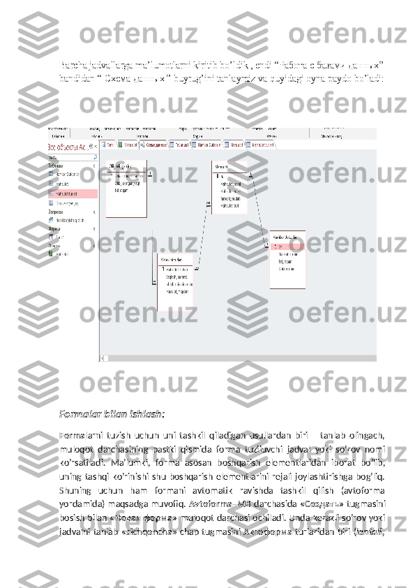 Barcha jadvallarga ma’lumotlarni kiritib bo’ldik , endi “ Работа   с   базами   данных ”
bandidan “  Схема   данных  ” buyrug’ini tanlaymiz va quyidagi oyna paydo bo’ladi:
Formalar bilan ishlash:
Forma larni   tuzish   uchun   uni   tashkil   qiladigan   usullardan   biri       tanlab   olingach,
muloqot   darchasining   pastki   qismida   forma   tuziluvchi   jadval   yoki   so’rov   nomi
ko’rsatiladi.   Ma’lumki,   forma   asosan   boshqarish   elementlaridan   iborat   bo’lib,
uning  tashqi  ko’rinishi  shu   boshqarish   elementlarini   rejali   joylashtirishga  bog’liq.
Shuning   uchun   ham   formani   avtomatik   ravishda   tashkil   qilish   (avtoforma
yordamida) maqsadga muvofiq.  Avtoforma–MB   darchasida  «Создать»   tugmasini
bosish bilan   « Новая   форма »   muloqot darchasi ochiladi. Unda kerakli so’rov yoki
jadvalni tanlab   «sichqoncha » chap tugmasini   Автоформа   turlaridan biri ( lentali, 