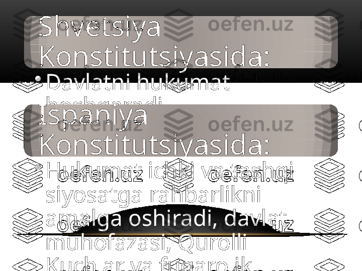 Shvetsiya 
Konstitutsiyasida:
•
Davlatni hukumat 
boshqaradi.
Ispaniya 
Konstitutsiyasida:
•
Hukumat ichki va tashqi 
siyosatga rahbarlikni 
amalga oshiradi, davlat 
muhofazasi, Qurolli 
Kuchlar va fuqarolik 
ishlarini bajaradi.   