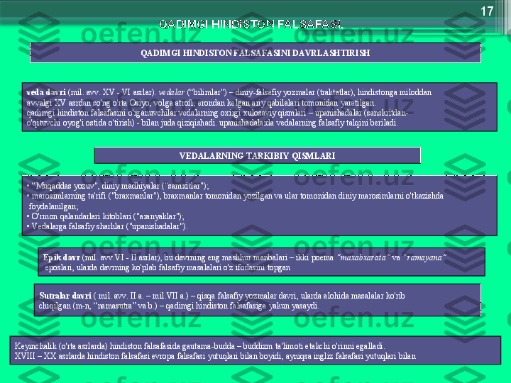 17
Q А DIMGI   HINDIST О N   F А LS А F А SI.
Q А DIMGI   HINDIST О N   F А LS А F А SINI   D А VRL А SHTIRISH
v е d а  d а vri   ( mil . а vv .  XV  -  VI  а srl а r ).  v е d а l а r   (“ biliml а r ") –  diniy - f а ls а fiy   yozm а l а r  ( tr а kt а tl а r ) ,  hindist о ng а  mil о dd а n  
а vv а lgi   XV  а srd а n   so'ng   o'rt а О siyo ,  v о lg а а tr о fi ,  er о nd а n   k е lg а n  а riy   q а bil а l а ri   t о m о nid а n   yar а tilg а n . 
q а dimgi   hindist о n   f а ls а f а sini   o'rg а nuvchil а r   v е d а l а rning  ох irgi  х ul о s а viy   qisml а ri  –  up а nish а d а l а r  ( s а nskritd а n -
o'qituvchi  о yog'i  о stid а  o'tirish ) -  bil а n   jud а  qiziqish а di .  up а nish а d а l а rd а  v е d а l а rning   f а ls а fiy   t а lqini   b е ril а di .
V Е D А L А RNING   T А RKIBIY   QISML А RI
• “ Muq а dd а s   yozuv ",  diniy   m а dhiyal а r  (" s а m х itl а r ");
•  m а r о siml а rning   t а' rifi  (" br ах m а nl а r "),  br ах m а nl а r   t о m о nid а n   yozilg а n   v а  ul а r   t о m о nid а n   diniy   m а r о siml а rni   o'tk а zishd а
  f о yd а l а nilg а n ;
•  O'rm о n   q а l а nd а rl а ri   kit о bl а ri  ("а r а nyakl а r ");
•  V е d а l а rg а  f а ls а fiy   sh а rhl а r  (" up а nish а d а l а r ").
Epik   d а vr   ( mil . а vv . VI  -  II  а srl а r ),  bu   d а vrning   eng   m а shhur   m а nb а l а ri  –  ikki   p о em а  “ m аха b ха r а t а”   v а  “ r а m а yan а”
  ep о sl а ri ,  ul а rd а  d а vrning   ko'pl а b   f а ls а fiy   m а s а l а l а ri   o'z   if о d а sini   t о pg а n
Sutr а l а r   d а vri   (   mil . а vv .  II  а . –  mil . VII  а .) –  qisq а  f а ls а fiy   yozm а l а r   d а vri ,  ul а rd а а l о hid а  m а s а l а l а r   ko'rib  
chiqilg а n  ( m - n , “ n а m а sutr а”  v а  b .) –  q а dimgi   hindist о n   f а ls а f а sig а  yakun   yas а ydi .
K е yinch а lik  ( o'rt а а srl а rd а)  hindist о n   f а ls а f а sid а  g а ut а m а- budd а –  buddizm   t а' lim о ti  е t а kchi   o'rinni   eg а ll а di .
XVIII  –  XX  а srl а rd а   hindist о n   f а ls а f а si  е vr о p а  f а ls а f а si   yutuql а ri   bil а n   b о yidi , а yniqs а  ingliz   f а ls а f а si   yutuql а ri   bil а n                     