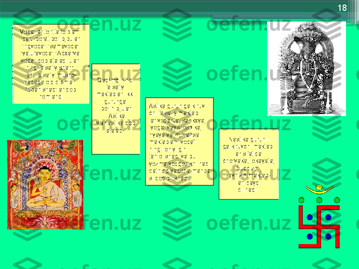 18
V е d а" l а r   to'rtt а  to'pl а m-
d а n   ib о r а t   bo'lib , bul а r
  " rigv е d а" " s а m а v е d а" 
" yajur а v е d а" "А d ха rv а -
v е d а"  d е b  а t а l а di . ul а r-
ning   f а ls а fiy   sh а rh-
l а ri ,  f а ls а fiy   mush о -
h а d а g а о id   qisml а ri  
" up а nish а d " l а r   d е b
  n о ml а ndi . Q а dimgi   hind  
f а ls а fiy  
m а kt а bl а ri   ikki  
guruhg а 
bo'linib , ul а r
  А stik а
  v а  n а stik а  d е b  
а t а l а di . А stik а  guruhig а  kiruv-
chi   f а ls а fiy   m а kt а b-
l а r   v е d а nt а,  s а nk х ya ,
  y о g а,  v а ysh е shik а, 
nyaya v а  mim а ns а 
m а kt а bl а ri  " v е d а“ -
ning   il о hiyligini  
t а n  о lish а di   v а  bu  
yozm а  yodg о rlikni   h а qi-
q а tning   yag о n а  m а nb а -
si   d е b   bilish а di .  N а stik а  guruhi-
g а  kiruvchi   m а kt а b-
l а r   sif а tid а 
ch о rv а k а,  l о k а yat а,
  buddizm , 
j а ynizm   m а kt а b-
l а ri   q а yd  
qilin а di .                      