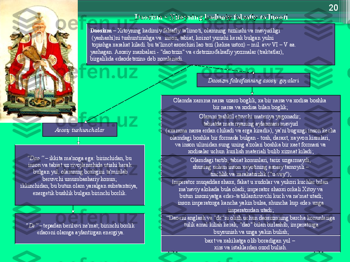 20
D ао sizm   –  Х it о yning   k а dimiy   f а ls а fiy   t а' lim о ti
D ао sizm   – Х it о yning   k а dimiy   f а ls а fiy   t а' lim о ti , о l а mning   tuzilishi   v а  m а vjudligi
  ( yash а shi ) ni   tushuntirishg а  v а   ins о n ,  t а bi а t ,  k о in о t   yurishi   k е r а k   bulg а n   yulni
  t о pishg а ха r а k а t   kil а di .  bu   t а' lim о t  а s о schisi   l ао  tszi  ( k е ks а  ust о z ) –  mil . а vv   VI  –  V  аа. 
yash а g а n . А s о siy   m а nb а l а ri  - " d ао tszin "  v а « detszin » f а ls а fiy   yozm а l а r  ( tr а kt а tl а r ), 
birg а likd а « d ао detszin »  d е b   n о ml а n а di .
А s о siy   tushunch а l а r
“ D ао "  –  ikkit а  m а' n о g а  eg а:  birinchid а n ,  bu  
ins о n   v а  t а bi а t   uz   riv о jl а nishid а  utishi   k е r а k
  bulg а n   yul , о l а mning   b о rligini   t а' minl а b
  b е ruvchi   umumb а sh а riy   k о nun ; 
ikkinchid а n ,  bu   butun  о l а m   yar а lg а n   subst а ntsiya , 
en е rg е tik   bushlik   bulg а n   birinchi   b о rlik .
“ De " –  t е p а d а n   b е riluvi   n е' m а t ;  birinchi   b о rlik
  « d ао» ni  о l а mg а а yl а ntirg а n   en е rgiya . D ао sizm   f а ls а f а sining  а s о siy   g о yal а ri
О l а md а ха mm а  n а rs а  uz а r о  b о glik , ха  bir   n а rs а  v а хо dis а  b о shk а 
bir   n а rs а  v а хо dis а  bil а n   b о glik ;
О l а mni   t а shkil   etuvchi   m а t е riya   yag о n а dir ; 
t а bi а td а  m а t е riyaning  а yl а nm а si   m а vjud
  («ха mm а  n а rs а е rd а n   chik а di   v а е rg а  kir а di »),  ya ' ni   bugungi   ins о n   k е ch а 
о l а md а gi   b о shk а  bir   f о rm а d а  bulg а n  -  t о sh ,  d а r ах t , ха yv о n   kisml а ri , 
v а  ins о n   ulimid а n   sung   uning  а' z о l а ri   b о shk а  bir  хае t   f о rm а si   v а
  хо dis а l а r   uchun   kurilish   m а t е ri а li   bulib  х izm а t   kil а di ; 
О l а md а gi   t а rtib ,  t а bi а t   k о nunl а ri ,  t а ri х  uzg а rm а ydi ,
  shuning   uchun   ins о n  ха yotining  а s о siy   t а m о yili  – 
tinchlik   v а ха r а k а tsizlik  (" u - vey ");
Imp е r а t о r   muq а dd а s   sh ах s ,  f а k а t   u  х ud о l а r   v а  yuk о ri   kuchl а r   bil а n  
m а' n а viy  а l о k а d а  bul а о l а di ;  imp е r а t о r   sh ах si  о rk а li  Х it о y   v а
  butun   ins о niyatg а « de »- t е tikl а ntiruvchi   kuch   v а  n е' m а t   ut а di ;
  ins о n   imp е r а t о rg а  k а nch а  yakin   buls а,  shunch а  kup  « de »  ung а 
imp е r а t о rd а n   ut а di ;
“ D ао« ni  а ngl а sh   v а " de “ ni  о lish   uchun   d ао sizmning   b а rch а  k о nunl а rig а
  tulik  а m а l   kilish   k е r а k , " d ао"  bil а n   birl а shib ,  imp е r а t о rg а
  buysunish   v а  ung а  yakin   bulish ;
b ах t   v а ха kik а tg а о lib   b о r а dig а n   yul  – 
х irs   v а  ist а kl а rd а n  о z о d   bulish .                     