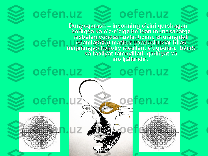 7Dunyoq а r а sh  –  ins о nning   o'zini   qursh а g а n  
b о rliqq а  v а  o'z - o'zig а  bo'lg а n   mun о s а b а tg а 
nisb а t а n   yond а shuvl а r   tizimi ,  shuningd е k  
о d а ml а rning   m а zkur   yond а shuvl а r   bil а n  
b е lgil а ng а n   h а yotiy   id еа ll а ri ,  e ' tiq о dl а ri ,   bilish  
v а  f ао liyat   t а m о yill а ri ,  q а driyat   v а 
mo'lj а ll а ridir .   