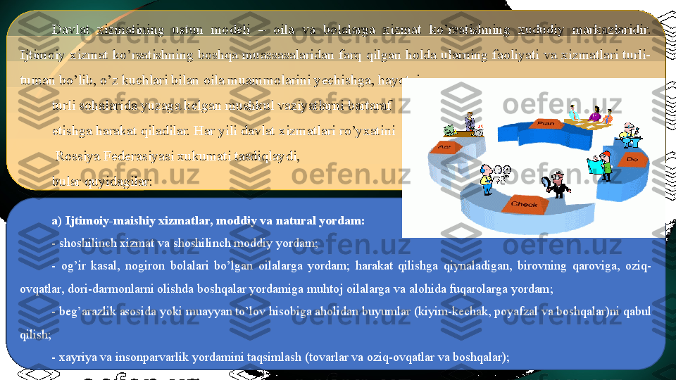 Davlat  xizmatining  ustun  modeli  –  oila  va  bolalarga  xizmat  ko’rsatishning  xududiy  markazlaridir. 
Ijtimoiy  xizmat  ko’rsatishning  boshqa  muassasalaridan  farq  qilgan holda  ularning  faoliyati  va  xizmatlari  turli-
tuman bo’lib, o’z kuchlari bilan oila muammolarini yechishga, hayotning 
turli sohalarida yuzaga kelgan mushkul vaziyatlarni bartaraf 
etishga harakat qiladilar. Har yili davlat xizmatlari ro’yxatini
  Rossiya Federasiyasi xukumati tasdiqlaydi, 
bular quyidagilar:
a) Ijtimoiy-maishiy xizmatlar, moddiy va natural yordam:
- shoshilinch xizmat va shoshilinch moddiy yordam;
-  og’ir  kasal,  nogiron  bolalari  bo’lgan  oilalarga  yordam;  harakat  qilishga  qiynaladigan,  birovning  qaroviga,  oziq-
ovqatlar, dori-darmonlarni olishda boshqalar yordamiga muhtoj oilalarga va alohida fuqarolarga yordam;
- beg’arazlik asosida yoki muayyan to’lov hisobiga aholidan buyumlar (kiyim-kechak, poyafzal va boshqalar)ni qabul 
qilish;
- xayriya va insonparvarlik yordamini taqsimlash (tovarlar va oziq-ovqatlar va boshqalar); 