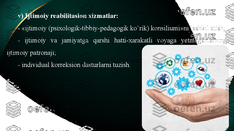 v) Ijtimoiy reabilitasion xizmatlar:
- «ijtimoiy (psixologik-tibbiy-pedagogik ko’rik) konsiliumi»ni tashkil etish;
-  ijtimoiy  va  jamiyatga  qarshi  hatti-xarakatli  voyaga  yetmaganlarning 
ijtimoiy patronaji;
- individual korreksion dasturlarni tuzish. 