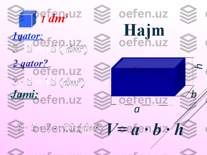 hb
a3  ·  5  =  15  ( dm 3
)1 qator :
3  ·  5  =  15 (  dm 3
)  
2  qator ?
Jami :
                                 
                                  
                                 
   3  ·  5  ·  2  =  30  ( dm 3
)1   dm 3
Hajm
V= a · b · h 