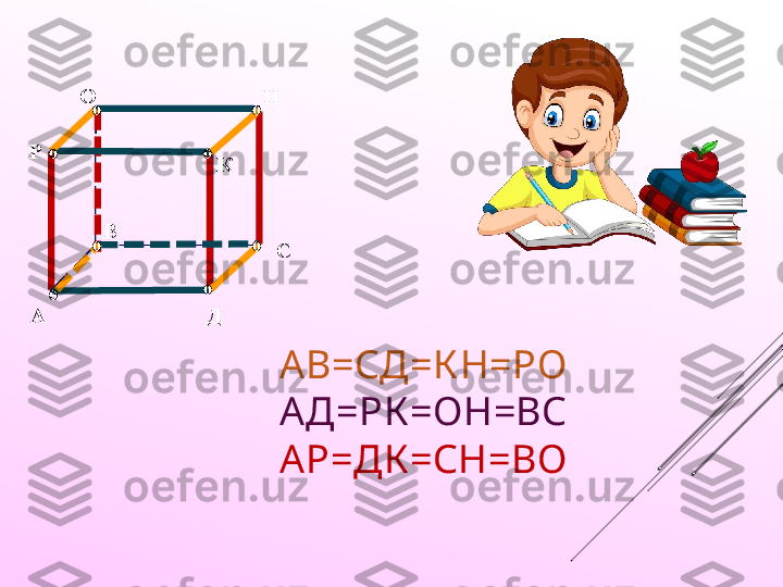 А В
С
ДР О Н
К
АВ=СД=К Н=РО
АД=РК =ОН=ВС
АР=ДК =СН=ВОοο
ο ο οοο
ο 