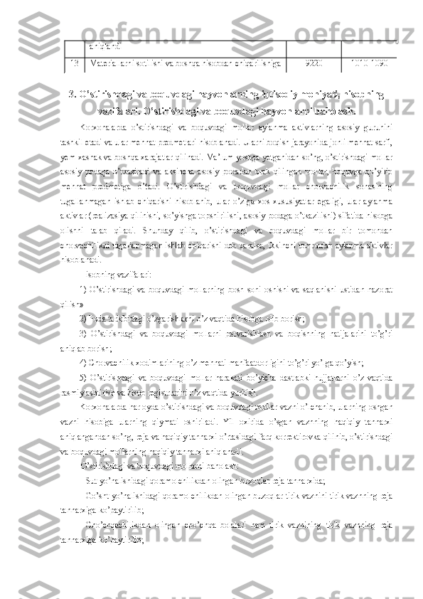 aniqlandi
13 Materiallarni sotilishi va boshqa hisobdan chiq arilishiga 9220 1010-1090
3. O’stirishdagi va boquvdagi hayvonlarning iqtisodiy mohiyati, hisobning
vazifalari. O’stirishdagi va boquvdagi hayvonlarni baholash.
Korxonalarda   o’stirishdagi   va   boquvdagi   mollar   aylanma   aktivlarning   asosiy   guruhini
tashkil etadi va ular mehnat predmetlari hisoblanadi. Ularni boqish jarayonida jonli mehnat sarfi,
yem-xashak va boshqa xarajatlar qilinadi. Ma’lum yoshga yetganidan so’ng, o’stirishdagi mollar
asosiy   podaga   o’tkaziladi   va   aksincha   asosiy   podadan   brak   qilingan   mollar,   boquvga   qo’yilib
mehnat   predmetiga   o’tadi.   O’stirishdagi   va   boquvdagi   mollar   chorvachilik   sohasining
tugallanmagan   ishlab   chiqarishi   hisoblanib,   ular   o’ziga   xos   xususiyatlar   egaligi,   ular   aylanma
aktivlar (realizasiya qilinishi, so’yishga topshirilishi, asosiy podaga o’tkazilishi) sifatida hisobga
olishni   talab   qiladi.   Shunday   qilib,   o’stirishdagi   va   boquvdagi   mollar   bir   tomondan
chorvachilikni tugallanmagan ishlab chiqarishi deb qaralsa, ikkinchi tomondan aylanma aktivlar
hisoblanadi.
Hisobning vazifalari:
1)  O’stirishdagi  va   boquvdagi  mollarning   bosh  soni  oshishi  va   saqlanishi   ustidan  nazorat
qilish»
2) Poda tarkibidagi o’zgarishlarni o’z vaqtida hisobga olib borish ;
3)   O’stirishdagi   va   boquvdagi   mollarni   parvarishlash   va   boqishning   natijalarini   to’g’ri
aniqlab borish ;
4) Chorvachilik xodimlarining o’z mehnati manfaatdorligini to’g’ri y o’ lga qo’yish ;
5)   O’stirishdagi   va   boquvdagi   mollar   harakati   bo’yicha   dastlabki   hujjatlarni   o’z   vaqtida
rasmiylashtirish va hisob  registrlarini  o’z vaqtida yuritish.
Korxonalarda har oyda o’stirishdagi va boquvdagi mollar vazni o’lchanib, ularning oshgan
vazni   hisobiga   ularning   qiymati   oshiriladi.   Yil   oxirida   o’sgan   vaznning   haqiqiy   tannarxi
aniqlangandan so’ng, reja va haqiqiy tannarxi o’rtasidagi farq korrektirovka qilinib, o’stirishdagi
va boquvdagi mollarning haqiqiy tannarxi aniqlanadi.
O’stirishdagi va boquvdagi mollarni baholash:
 Sut yo’nalishidagi qoramolchilikdan olingan buzoqlar reja tannarxida;
 Go’sht yo’nalishidagi qoramolchilikdan olingan buzoqlar tirik vaznini tirik vaznning reja
tannarxiga ko’paytirilib;
 Cho’chqachilikdan   olingan   cho’chqa   bolalari   ham   tirik   vaznining   tirik   vaznning   reja
tannarxiga ko’paytirilib; 