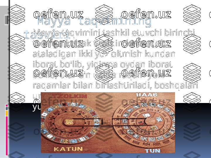    Mayya taqvimining 
tasviri 
Mayya taqvimini tashkil etuvchi birinchi 
tizimga kelsak  t zolk in  kines deb 
ataladigan ikki yuz oltmish kundan 
iborat bo'lib, yigirma oydan iborat 
bo'lib, ular o'n uchta raqam yoki 
raqamlar bilan birlashtiriladi, boshqalari 
uni o'n uch oy bilan aralashtirib 
yuboradi. 