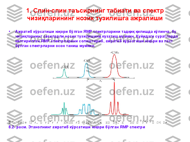 1. Спин-спин таъсирнинг табиати ва спектр 
чизиқларининг нозик тузилишга ажралиши
•
Ажратиб кўрсатиши юқори бўлган ЯМР спектрларини тадқиқ қилишда кўпинча, бу 
чизиқларнинг сезиларли нозик тузилишини кузатиш мумкин. Қуйидаги суратларда 
келтирилган ЯМР спектрларини солиштириб ,  ажратиб кўрсатиши юқори ва паст 
бўлган спектрларни осон  таниш  мумкин.
8 .1  - расм. Этил спиртининг ажратиб кўрсатиши паст бўлган протон ЯМР спектри
8 .2 - расм. Этанолнинг ажратиб кўрсатиши ю қ ори бўлган ЯМР спектри  