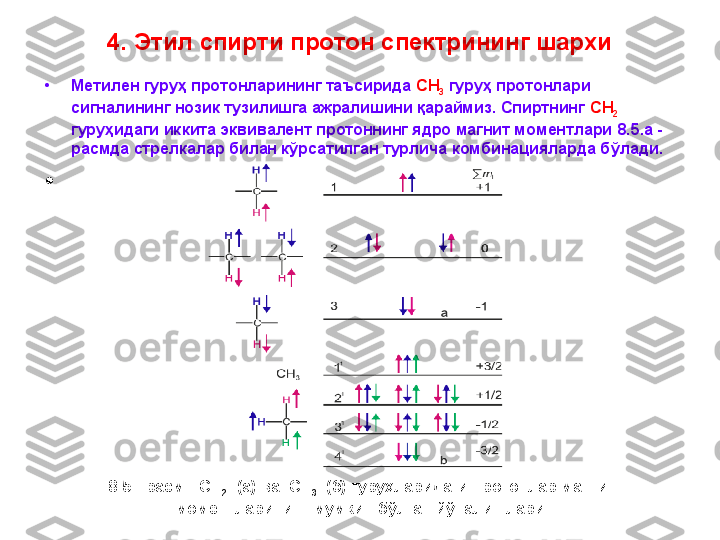 4. Этил спирти протон спектрининг шархи
• М етилен гуруҳ протонларининг таъсирида  CH
3   гуру ҳ  протонлари 
сигналининг нозик тузилишга ажралишини қараймиз. Спиртнинг  CH
2  
гуруҳи даги  иккита эквивалент протоннинг ядро магнит моментлари  8 . 5.а - 
расмда стрелкалар билан кўрсатилган турлича комбинацияларда б ў л ад и .  
•
 
8 .5  - расм. - CH
2 - (а) ва - CH
3   (б) гуруҳларидаги протонлар магнит 
моментларининг мумкин бўлган йўналишлари. 