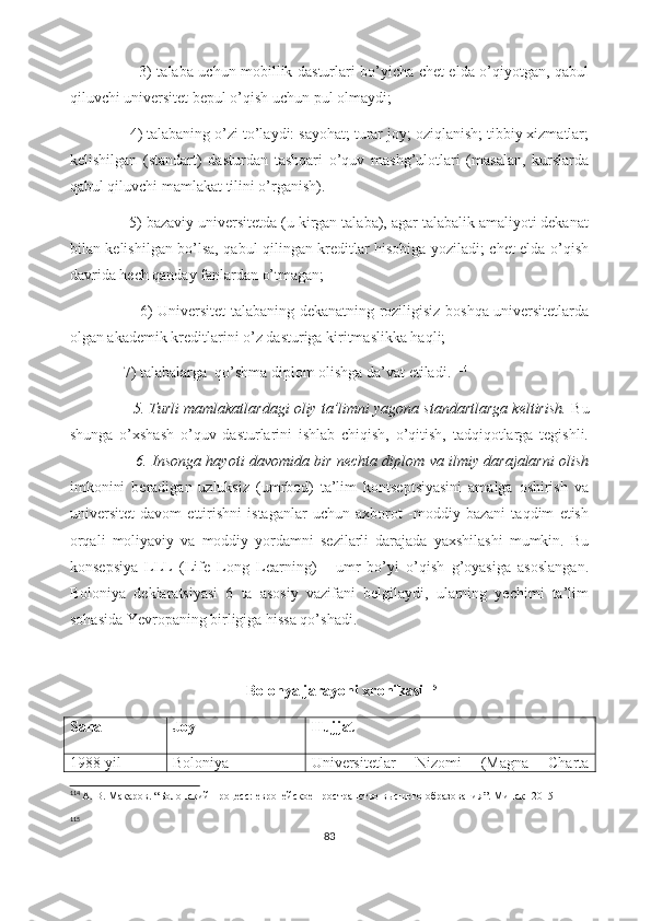                             3) talaba uchun mobillik dasturlari bo’yicha chet elda o’qiyotgan, qabul
qiluvchi universitet bepul o’qish uchun pul olmaydi; 
               4) talabaning o’zi to’laydi: sayohat; turar joy; oziqlanish; tibbiy xizmatlar;
kelishilgan   (standart)   dasturdan   tashqari   o’quv   mashg’ulotlari   (masalan,   kurslarda
qabul qiluvchi mamlakat tilini o’rganish). 
               5) bazaviy universitetda (u kirgan talaba), agar talabalik amaliyoti dekanat
bilan kelishilgan bo’lsa, qabul qilingan kreditlar hisobiga yoziladi; chet elda o’qish
davrida hech qanday fanlardan o’tmagan; 
                            6) Universitet talabaning dekanatning roziligisiz boshqa universitetlarda
olgan akademik kreditlarini o’z dasturiga kiritmaslikka haqli; 
               7) talabalarga  qo’shma diplom olishga da’vat etiladi.  114
                 5. Turli mamlakatlardagi oliy ta’limni yagona standartlarga keltirish.  Bu
shunga   o’xshash   o’quv   dasturlarini   ishlab   chiqish,   o’qitish,   tadqiqotlarga   tegishli.
                            6. Insonga hayoti davomida bir nechta diplom va ilmiy darajlarni olish
imkonini   beradigan   uzluksiz   (umrbod)   ta’lim   kontseptsiyasini   amalga   oshirish   va
universitet   davom   ettirishni   istaganlar   uchun   axborot   -moddiy   bazani   taqdim   etish
orqali   moliyaviy   va   moddiy   yordamni   sezilarli   darajada   yaxshilashi   mumkin.   Bu
konsepsiya   LLL   (Life   Long   Learning)   -   umr   bo’yi   o’qish   g’oyasiga   asoslangan.
Boloniya   deklaratsiyasi   6   ta   asosiy   vazifani   belgilaydi,   ularning   yechimi   ta’lim
sohasida Yevropaning birligiga hissa qo’shadi.
                                              
                                               Bolonya jarayoni xronikasi 115
Sana Joy Hujjat
1988-yil Boloniya Universitetlar   Nizomi   (Magna   Charta
114
  А. В. Макаров . “ Болонский процесс: европейское пространство высшего образования ”.  Минск -  2015
115
83 