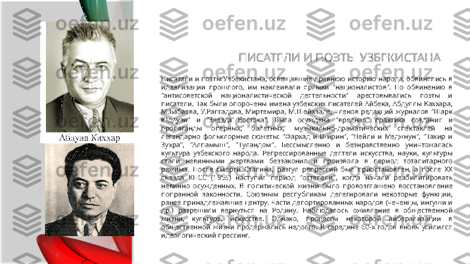 ПИСАТЕЛИ И ПОЭТЫ УЗБЕКИСТАНА
Писатели и  поэты  Узбекистана, освещавшие древнюю историю народа, обвинялись в 
идеализации  прошлого,  им  наклеивали  ярлыки  "националистов".  По  обвинению  в 
"антисоветской  националистической  деятельности"  арестовывались  поэты  и 
писатели.  Так  были  опорочены  имена  узбекских  писателей  Айбека,  Абдуллы  Каххара, 
М.Бабаева,  У.Рапгадова,  Миртемира,  М.Шейхзаде,  членов  редакций  журналов  "Шарк 
Юддузи"  и  "Звезда  Востока".  Была  осуждена  "вредная"  практика  создания  и 
пропаганды  оперных,  балетных,  музыкально-драматических  спектаклей  на 
легендарно  фольклорные  сюжеты:  "Фархад  и  Ширин",  "Лейли  и  Меджнун",  "Тахир  и 
Зухра”,  "Алпамыш",  "Туландом".  Бессмысленно  и  безнравственно  уничтожалась 
культура  узбекского  народа.  Репрессированные  деятели  искусства,  науки,  культуры 
стали  невинными  жертвами  беззакония  и  произвола  в  период  тоталитарного 
режима.  После  смерти  Сталина,  разгул  репрессий  был  приостановлен,  а  после  XX 
съезда  КПСС  (1956)  наступил  период  "оттепели",  когда  начали  реабилитировать 
невинно  осужденных.  В  политической  жизни  было  провозглашено  восстановление 
попранной  законности.  Союзным  республикам  делегировали  некоторые  функции, 
ранее принадлежавшие центру. Части депортированных народов (чеченцы, ингуши и 
др.)  разрешили  вернуться  на  Родину.  Наблюдалось  оживление  в  общественной 
жизни,  культуре,  искусстве.  Однако,  процессы  некоторой  либерализации  в 
общественной  жизни  продержались  недолго.  В  середине  60-х  годов  вновь  усилился 
идеологический прессинг.  