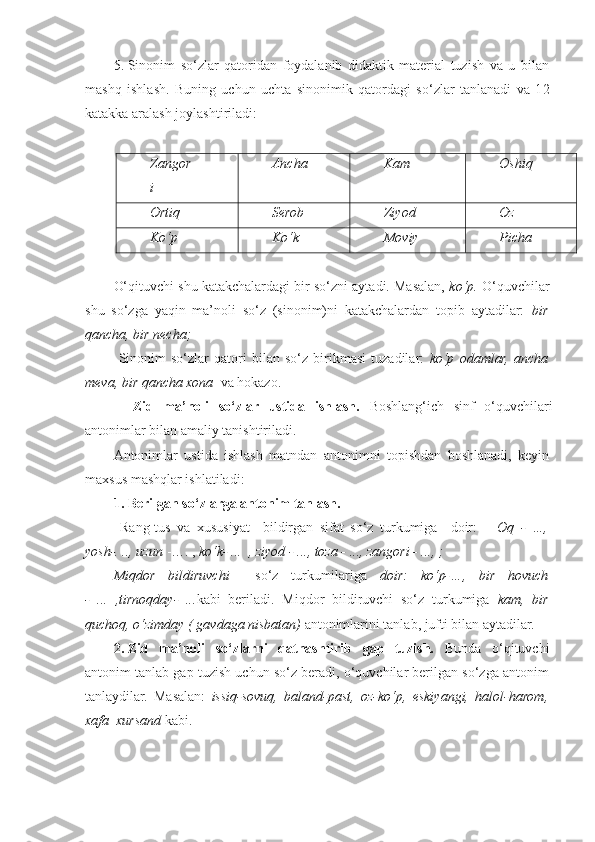 5. Sinonim   so‘zlar   qatoridan   foydalanib   didaktik   material   tuzish   va   u   bilan
mashq   ishlash.   Buning   uchun   uchta   sinonimik   qatordagi   so‘zlar   tanlanadi   va   1 2
katakka aralash joylashtiriladi:  
 
Zangor
i Ancha  Kam Oshiq
Ortiq  Serob Ziyod  Oz
Ko‘p  Ko‘k Moviy Picha  
 
O‘qituvchi shu katakchalardagi bir so‘zni aytadi. Masalan,  ko‘p.  O‘quvchilar
shu   so‘zga   yaqin   ma’noli   so‘z   (sinonim)ni   katakchalardan   topib   aytadilar:   bir
qancha, bir necha;
  Sinonim   so‘zlar   qatori   bilan   so‘z   birikmasi   tuzadilar:   ko‘p   odamlar,   ancha
meva, bir qancha xona   va hokazo.  
    Zid   ma’noli   so‘zlar   ustida   ishlash.   Boshlang‘ich   sinf   o‘quvchilari
antonimlar bilan amaliy tanishtiriladi. 
Antonimlar   ustida   ishlash   matndan   antonimni   topishdan   boshlanadi,   keyin
maxsus mashqlar ishlatiladi: 
1. Berilgan so‘zlarga antonim tanlash. 
  Rang-tus   va   xususiyat     bildirgan   sifat   so‘z   turkumiga     doir:       Oq   -   …,
yosh-. .., uzun  -…. ,  ko‘k - ...  , ziyod - ..., toza - ..., zangori - ..., ;
Miqdor   bildiruvchi     so‘z   turkumilariga   doir:   ko‘p-…,   bir   hovuch
-   ...   ,tirnoqday-   ... kabi   beriladi.   Miqdor   bildiruvchi   so‘z   turkumiga   kam,   bir
quchoq, o‘zimday ( gavdaga nisbatan)  antonimlarini tanlab, jufti bilan aytadilar. 
2. Zid   ma’noli   so‘zlarni   qatnashtirib   gap   tuzish .   Bunda   o‘qituvchi
antonim tanlab gap tuzish uchun so‘z beradi, o‘quvchilar berilgan so‘zga antonim
tanlaydilar.   Masalan:   issiq-sovuq,   baland-past,   oz-ko‘p,   eskiyangi,   halol-harom,
xafa–xursand  kabi.   