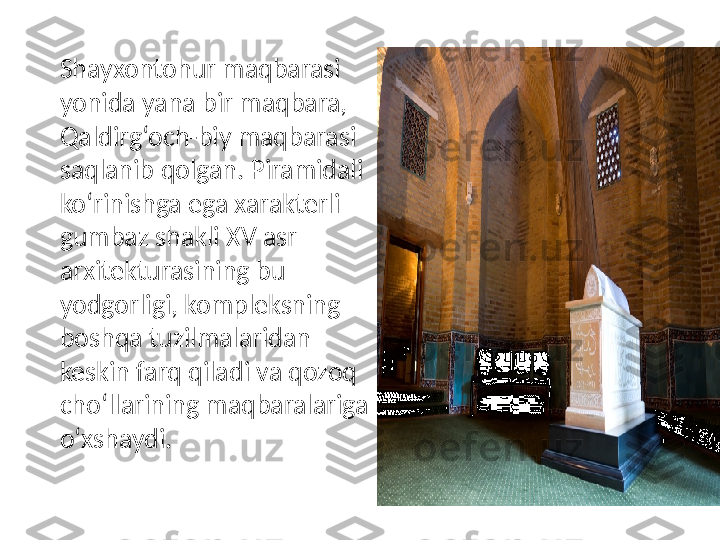 Shayxontohur maqbarasi 
yonida yana bir maqbara, 
Qaldirg‘och-biy maqbarasi 
saqlanib qolgan. Piramidali 
ko‘rinishga ega xarakterli 
gumbaz shakli XV asr 
arxitekturasining bu 
yodgorligi, kompleksning 
boshqa tuzilmalaridan 
keskin farq qiladi va qozoq 
cho‘llarining maqbaralariga 
o‘xshaydi. 