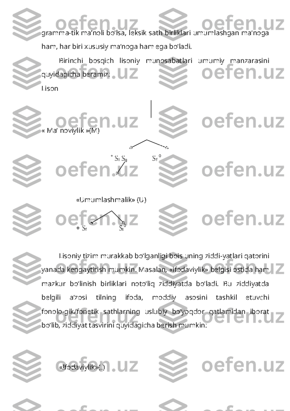 gramma-tik ma’noli bo’lsa, leksik sath birliklari umumlashgan ma’noga
ham, har biri xususiy ma’noga ham ega bo’ladi.
Birinchi   bosqich   lisoniy   munosabatlari   umumiy   manzarasini
quyidagicha beramiz:
Lison
« Ma’ noviylik »(M)
+
 S
l   S
g               S
f   0
                    
«Umumlashmalik» (U)
+  S
f                    S
l 0
     
Lisoniy tizim murakkab bo’lganligi bois uning ziddi - yatlari qatorini
yanada kengaytirish mumkin. Masalan, «ifodaviylik» belgisi ostida ham
mazkur   bo’linish   birliklari   noto’liq   ziddiyatda   bo’ladi.   Bu   ziddiyatda
belgili   a’zosi   tilning   ifoda,   moddiy   asosini   tashkil   etuvchi
fonolo-gik/fonetik   sathlarning   uslubiy   bo’yoqdor   qatlamidan   iborat
bo’lib, ziddiyat tasvirini quyidagicha berish mumkin: 
«Ifodaviylik»(I) 
