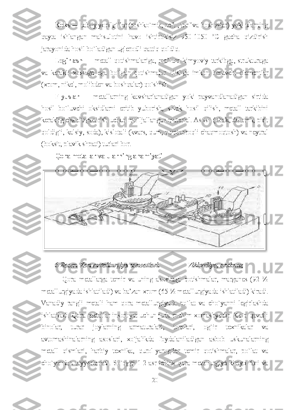 Koks  ― tabiiy yoqilg`ilar (toshko`mir, neft , torf va boshqalar) yoki ularning
qayta   ishlangan   mahsulotini   havo   ishtirokisiz   950-1050   °C   gacha   qizdirish
jarayonida hosil bo`ladigan uglerodli qattiq qoldiq. 
Legirlash   ―   metall   qotishmalariga,   ma’lum   kimyoviy   tarkibga,   strukturaga
va   kerakli   xossaga   ega   bo`lgan   qotishmalar   olishga   imkon   beruvchi   elementlar
(xrom, nikel, molibden va boshqalar) qo`shish. 
Flyuslar   ―   metallarning   kavsharlanadigan   yoki   payvandlanadigan   sirtida
hosil   bo`luvchi   oksidlarni   eritib   yuborish,   shlak   hosil   qilish,   metall   tarkibini
kerakligicha o`zgartirish uchun mo’ljallangan material. Asosli (ohak, dolomit, pirit
qoldig`i, kalsiy, soda), kislotali (kvars, qum, qumtuproqli chaqmoqtosh) va neytral
(boksit, plavik shpati) turlari bor. 
Qora metallar va ularning ahamiyati 
        6-Rasm. Kon metallurgiya sanoatlari.                Vikipediya, arxiv.uz  
              Qora   metallarga   temir   va   uning   asosidagi   qotishmalar,   marganes   (92   %
metallurgiyada ishlatiladi) va ba’zan xrom (65 % metallurgiyada ishlatiladi) kiradi.
Vanadiy   rangli   metali   ham   qora   metallurgiyada   po`lat   va   cho`yanni   legirlashda
ishlatiladi. Qora metallar insoniyat uchun juda muhim xomashyodir. Ko`p qavatli
binolar,   turar   joylarning   armaturalari,   tomlari,   og`ir   texnikalar   va
avtomashinalarning   asoslari,   xo`jalikda   foydalaniladigan   asbob   uskunalarning
metall   qismlari,   harbiy   texnika,   qurol-yarog`lar   temir   qotishmalar,   po`lat   va
cho`yandan tayyorlanadi.  So`nggi  1-2 asr  ichida qora metallurgiya kimyo fani  va
20  
   