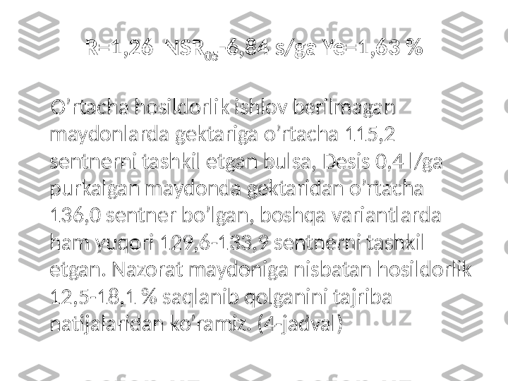 R=1,26 NSR
05 -6,84 s/ga Ye=1,63 %
     O’rtacha hosildorlik ishlov berilmagan 
maydonlarda gektariga o’rtacha 115,2 
sentnerni tashkil etgan bulsa, Desis 0,4 l/ga 
purkalgan maydonda gektaridan o’rtacha 
136,0 sentner bo’lgan, boshqa variantlarda 
ham yuqori 129,6-133,9 sentnerni tashkil 
etgan. Nazorat maydoniga nisbatan hosildorlik 
12,5-18,1 % saqlanib qolganini tajriba 
natijalaridan ko’ramiz. (4-jadval) 