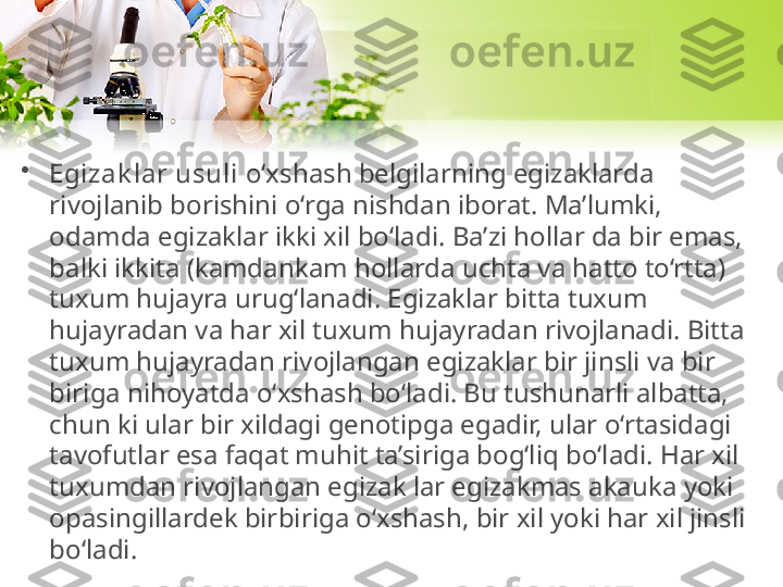 •
Egizak lar usuli  o‘xshash belgilarning egizaklarda 
rivojlanib borishini o‘rga nishdan iborat. Ma’lumki, 
odamda egizaklar ikki xil bo‘ladi. Ba’zi hollar da bir emas, 
balki ikkita (kamdan kam hollarda uchta va hatto to‘rtta) 
tuxum hujayra urug‘lanadi. Egizaklar bitta tuxum 
hujayradan va har xil tuxum hujayradan rivojlanadi. Bitta 
tuxum hujayradan rivojlangan egizaklar bir jinsli va bir	
 
biriga nihoyatda o‘xshash bo‘ladi. Bu tushunarli albatta, 
chun ki ular bir xildagi genotipga egadir, ular o‘rtasidagi 
tavofutlar esa faqat muhit ta’siriga bog‘liq bo‘ladi. Har xil 
tuxumdan rivojlangan egizak lar egizakmas aka	
 uka yoki 
opa	
 singillardek bir	 biriga o‘xshash, bir xil yoki har xil jinsli 
bo‘ladi. 