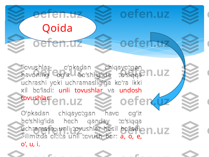 Qoida
Tovushlar  o‘pkadan  chiqayotgan 
havoning  og‘iz  bo‘shlig‘ida  to‘siqqa 
uchrashi  yoki  uchramasligiga  ko‘ra  ikki 
xil  bo‘ladi:  unli  tovushlar   va  undosh 
tovushlar.
O‘pkadan  chiqayotgan  havo  og‘iz 
bo‘shlig‘ida  hech  qanday  to‘siqqa 
uchramasa,  unli  tovushlar  hosil  bo‘ladi. 
Tilimizda  oltita  unli  tovush  bor:  a,  o,  e, 
o‘, u, i.   